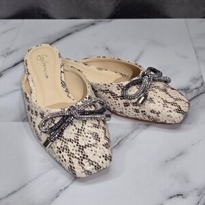 Anthropologie Guilhermina Mules 6 NWOT Snakeskin Print Crystal Bow Ballet Flats
